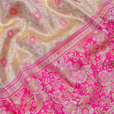 Beige Kanjivaram Silk Saree With Pink Floral Jaal And Rani Pink Zari Floral Border