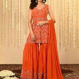Bright Orange Satin Silk Embroidered Peplum Set