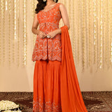 Bright Orange Satin Silk Embroidered Peplum Set