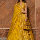 Mustard Yellow Cotton Lehenga With Gota Halter Blouse
