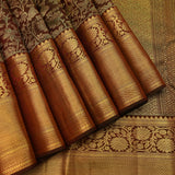 Maroon Kanjivaram Silk Saree With Olive Floral Motifs And Gold Zari Border