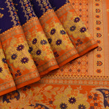 Navy Blue Kanjivaram Silk Saree With Orange Border And Multicolour Floral Paisley Weave