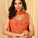 Bright Orange Satin Silk Embroidered Peplum Set
