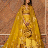 Mustard Yellow Cotton Lehenga With Gota Halter Blouse