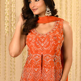 Bright Orange Satin Silk Embroidered Peplum Set