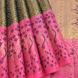 Olive Green Kanjivaram Silk Saree With Hot Pink Peacock Zari Border