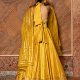 Mustard Yellow Cotton Lehenga With Gota Halter Blouse