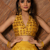 Mustard Yellow Cotton Lehenga With Gota Halter Blouse