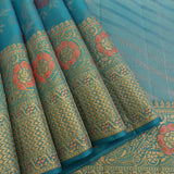 Teal Blue Kanjivaram Silk Saree With Self Border And Multicolour Rose Weave
