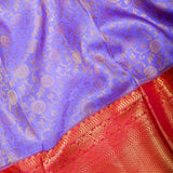 Lavender Purple Kanjivaram Silk Saree With Gold Zari Floral Butti Body & Contrast Red-Pink Heavy Zari Pallu