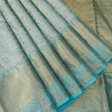 Sage Green & Gold Tissue Silk Kanjivaram Saree With Allover Zari Jaal & Teal Contrast Border