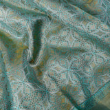 Sage Green & Gold Tissue Silk Kanjivaram Saree With Allover Zari Jaal & Teal Contrast Border