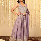 Heather Purple Floral Embroidered Tissue Anarkali Set