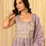 Heather Purple Floral Embroidered Tissue Anarkali Set