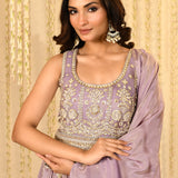 Heather Purple Floral Embroidered Tissue Anarkali Set