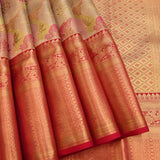Beige Kanjivaram Silk Saree With Multicolor Floral Pallu And Pink Zari Border