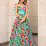 Turquoise Floral Printed Cotton Lehenga With Mirror Border