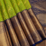 Lime Green Kanjivaram Silk Saree With Gold Zari Floral Jaal Body & Navy Blue Contrast Zari Pallu