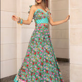 Turquoise Floral Printed Cotton Lehenga With Mirror Border