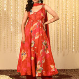 Bright Red Floral Printed Satin Anarkali Set