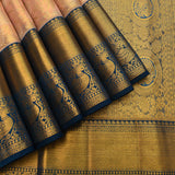 Peach Kanjivaram Silk Saree With Navy Blue Woven Peacock Border
