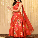 Bright Red Floral Printed Satin Anarkali Set