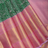 Green And Pink Kanjivaram Silk Saree With Silver Shikargah Weave And Gold Zari Border