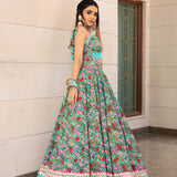 Turquoise Floral Printed Cotton Lehenga With Mirror Border
