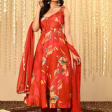Bright Red Floral Printed Satin Anarkali Set