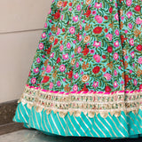 Turquoise Floral Printed Cotton Lehenga With Mirror Border