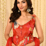 Bright Red Floral Printed Satin Anarkali Set