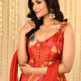 Bright Red Floral Printed Satin Anarkali Set