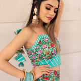 Turquoise Floral Printed Cotton Lehenga With Mirror Border