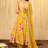 Bright Yellow Floral Printed Satin Anarkali Set