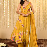 Bright Yellow Floral Printed Satin Anarkali Set