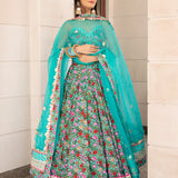 Turquoise Floral Printed Cotton Lehenga With Mirror Border