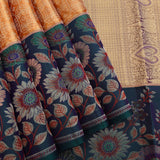 Orange Kanjivaram Silk Saree With Teal Border And Multicolour Sunflower Weave