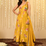 Bright Yellow Floral Printed Satin Anarkali Set