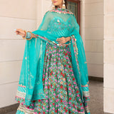 Turquoise Floral Printed Cotton Lehenga With Mirror Border