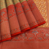 Sage Green Kanjivaram Silk Saree With Red Border And Gold Zari Paisley Weave