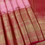 Baby Pink Kanjivaram Silk Saree With Floral Stripes & Maroon-Gold Temple Border
