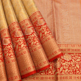 Beige Kanjivaram Silk Saree With Red Contrast Border And Gold Zari Floral Weave