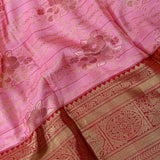 Baby Pink Kanjivaram Silk Saree With Floral Stripes & Maroon-Gold Temple Border