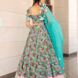 Turquoise Floral Printed Cotton Lehenga With Mirror Border
