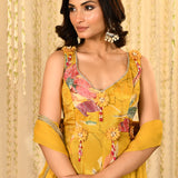 Bright Yellow Floral Printed Satin Anarkali Set