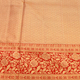 Beige Kanjivaram Silk Saree With Red Contrast Border And Gold Zari Floral Weave