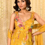 Bright Yellow Floral Printed Satin Anarkali Set