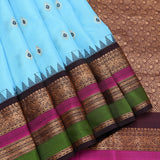 Sky Blue Gadwal Pattu Saree With Temple Border & Multicolour Striped Pallu