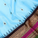 Sky Blue Gadwal Pattu Saree With Temple Border & Multicolour Striped Pallu