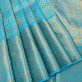 Turquoise Blue Kanjivaram Silk Saree With Gold Zari Diamond Lattice & Floral Border